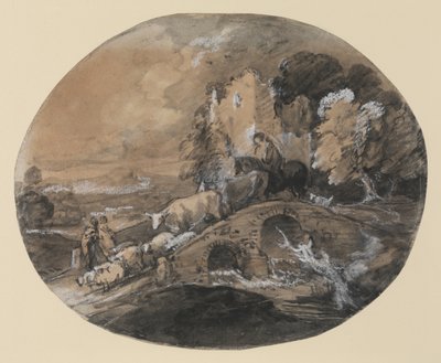Wooded Landscape with Herdsman Driving Cattle Over a Bridge, Peasants and a Ruined Castle by Thomas Gainsborough